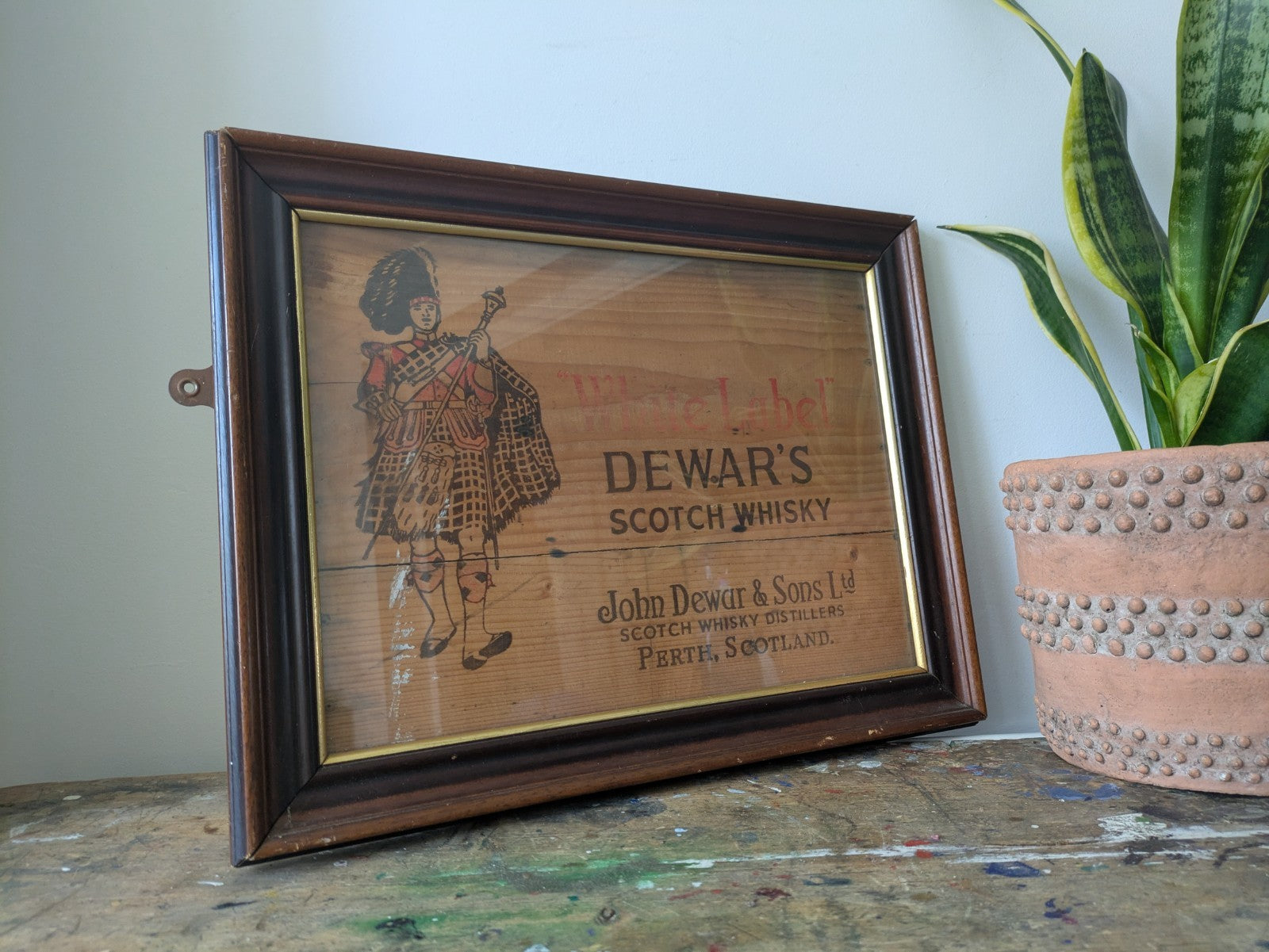 Dewars Whisky White Label Shop Pub Brewery Advertising Wooden Sign Framed Scotch