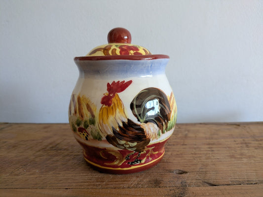 Provincial Rooster French Pottery Farmhouse Kitchen Canister Pot Lid Jar Painted