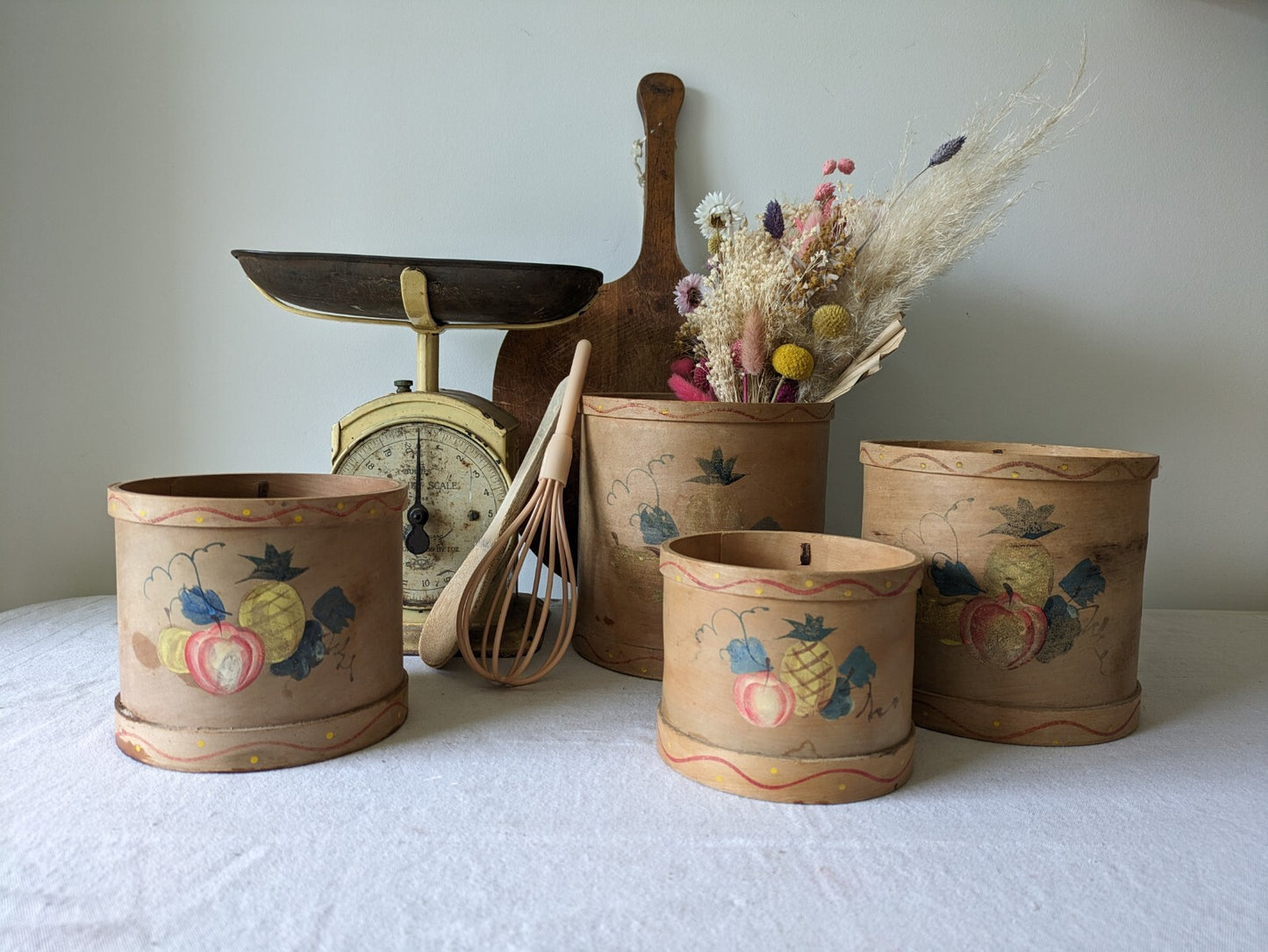 Vtg Canister Set Fruit Wood Rustic Farm House Utensil Decor Bentwood Rare Pots