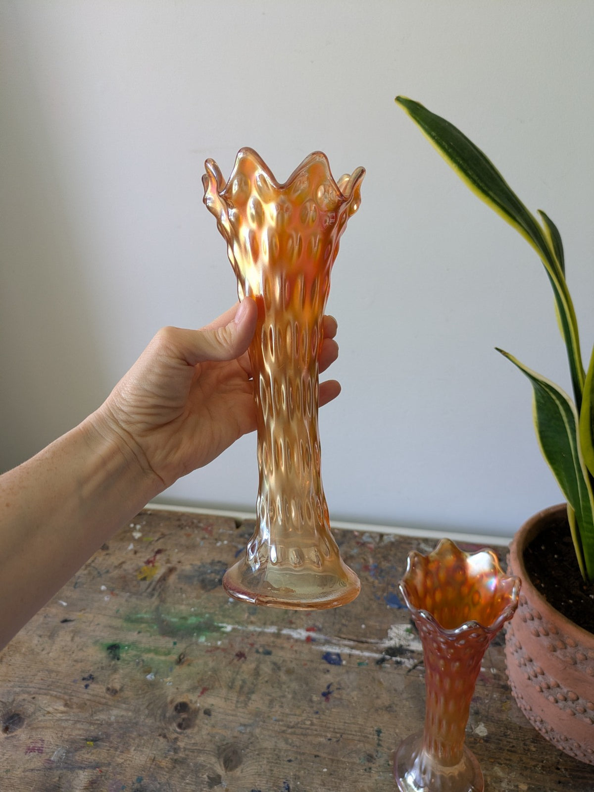 Set of 2 Vintage Fenton Carnival Glass Iridescent Marigold Swung Orange Vases