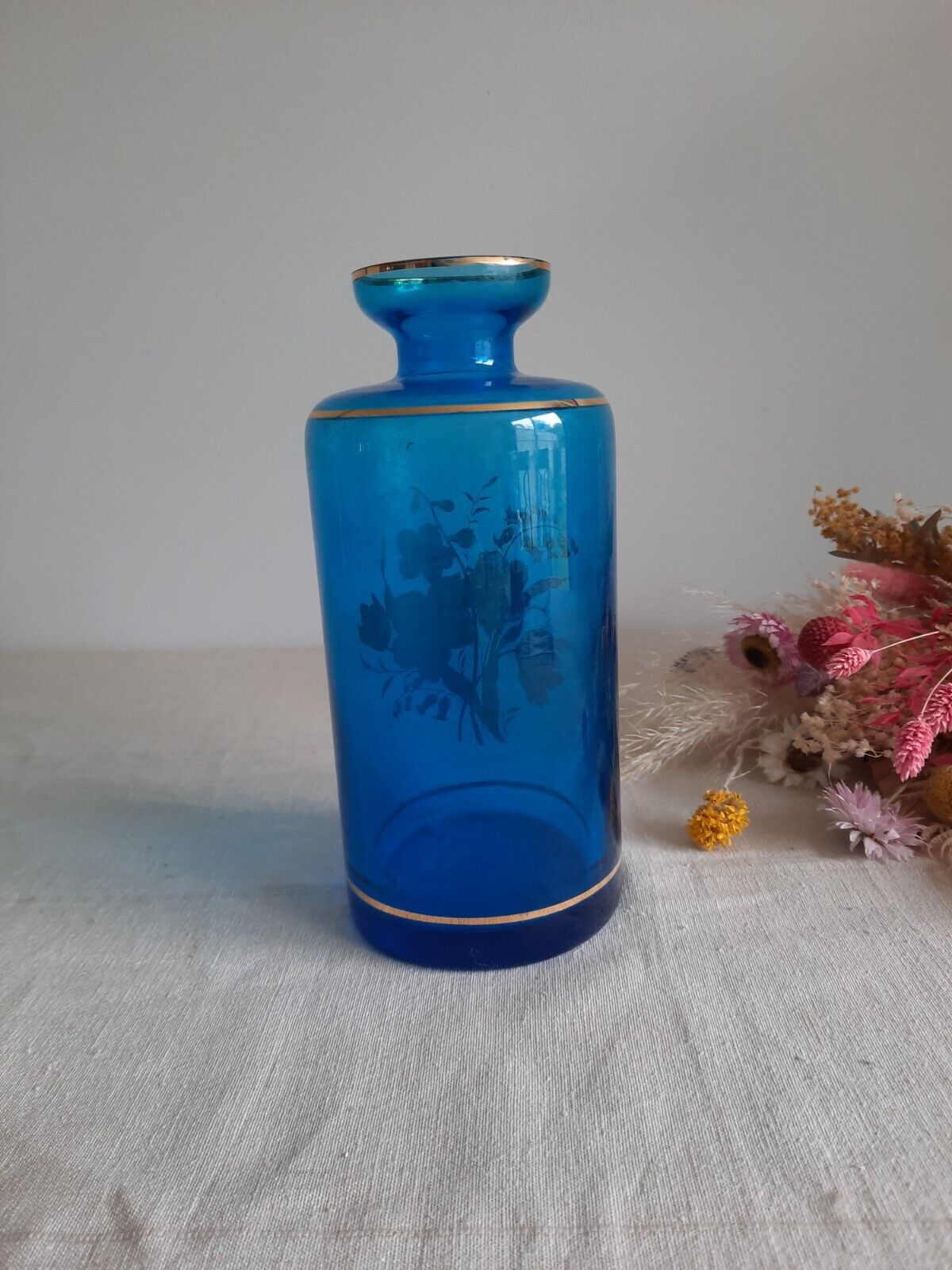Retro Cobalt Blue Glass Decanter with Floral Gilt Decor Bottle Vase Prop Vtg Old
