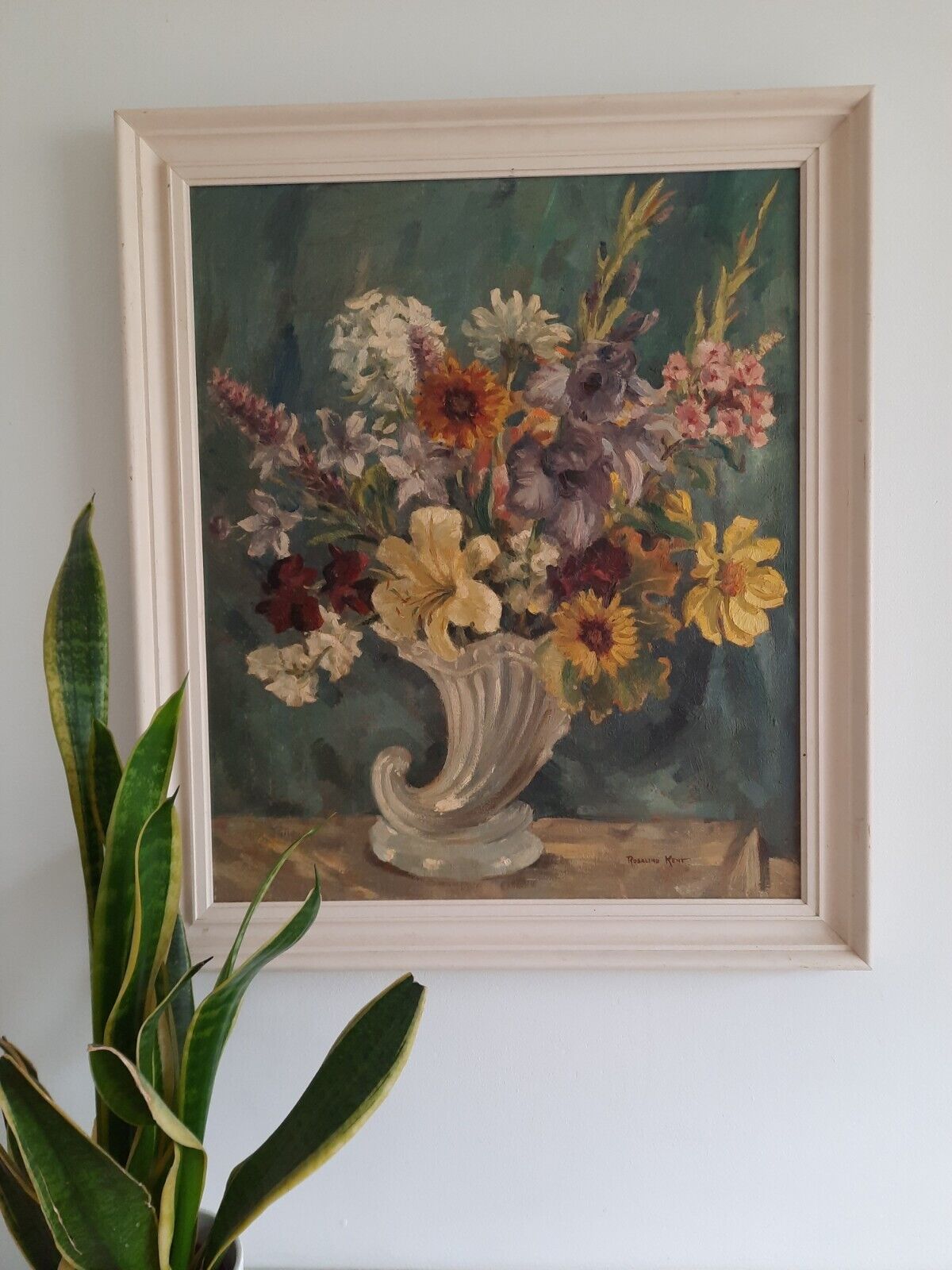 ANTIQUE STILL LIFE PAINTING OIL ON CANVAS BOUQUET VINTAGE FLORAL ROSALIND KENT