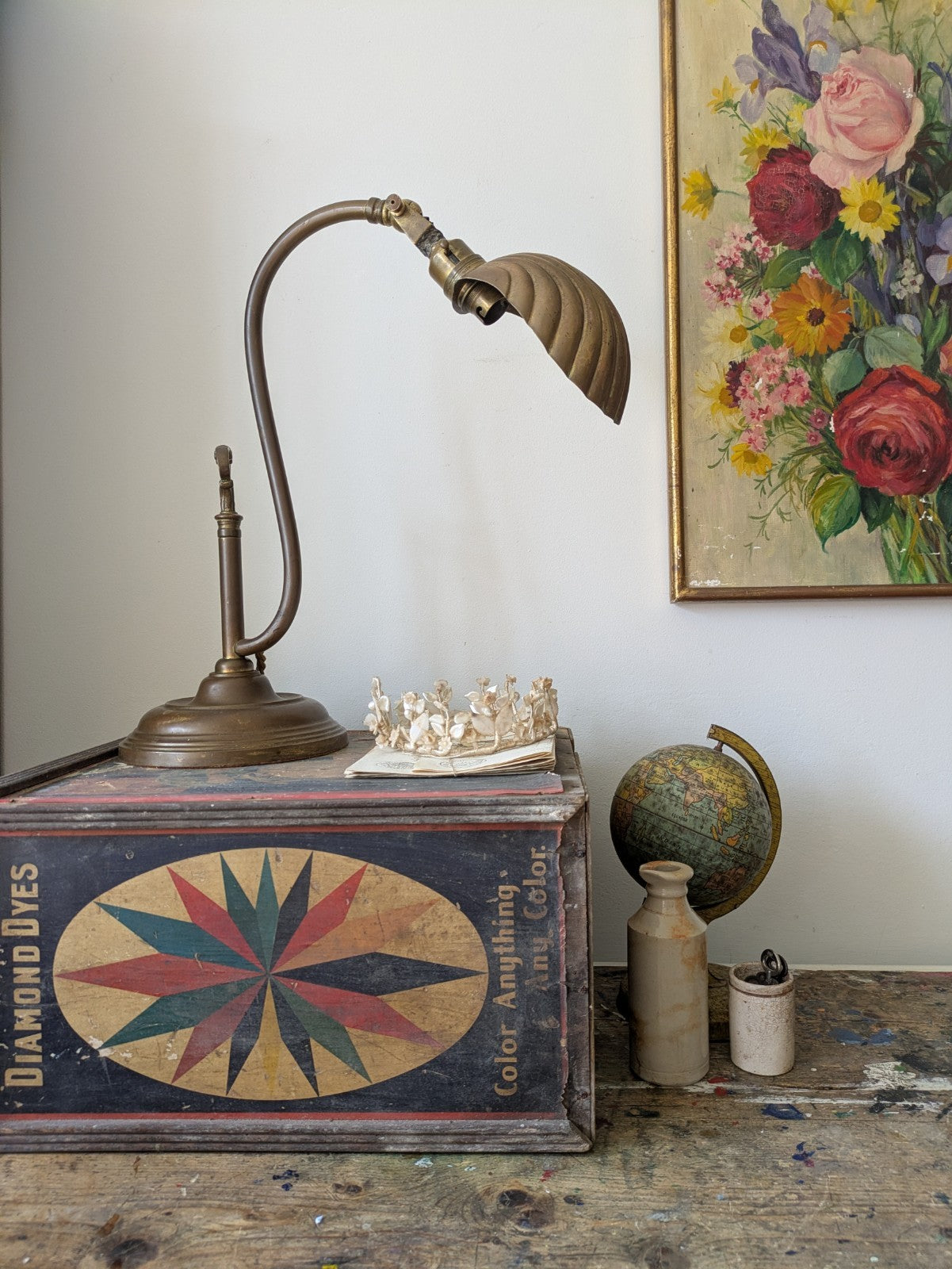 VINTAGE 1920s 30s ANTIQUE ART DECO BRASS SWAN NECK SHELL CLAM DESK LAMP WORKING!