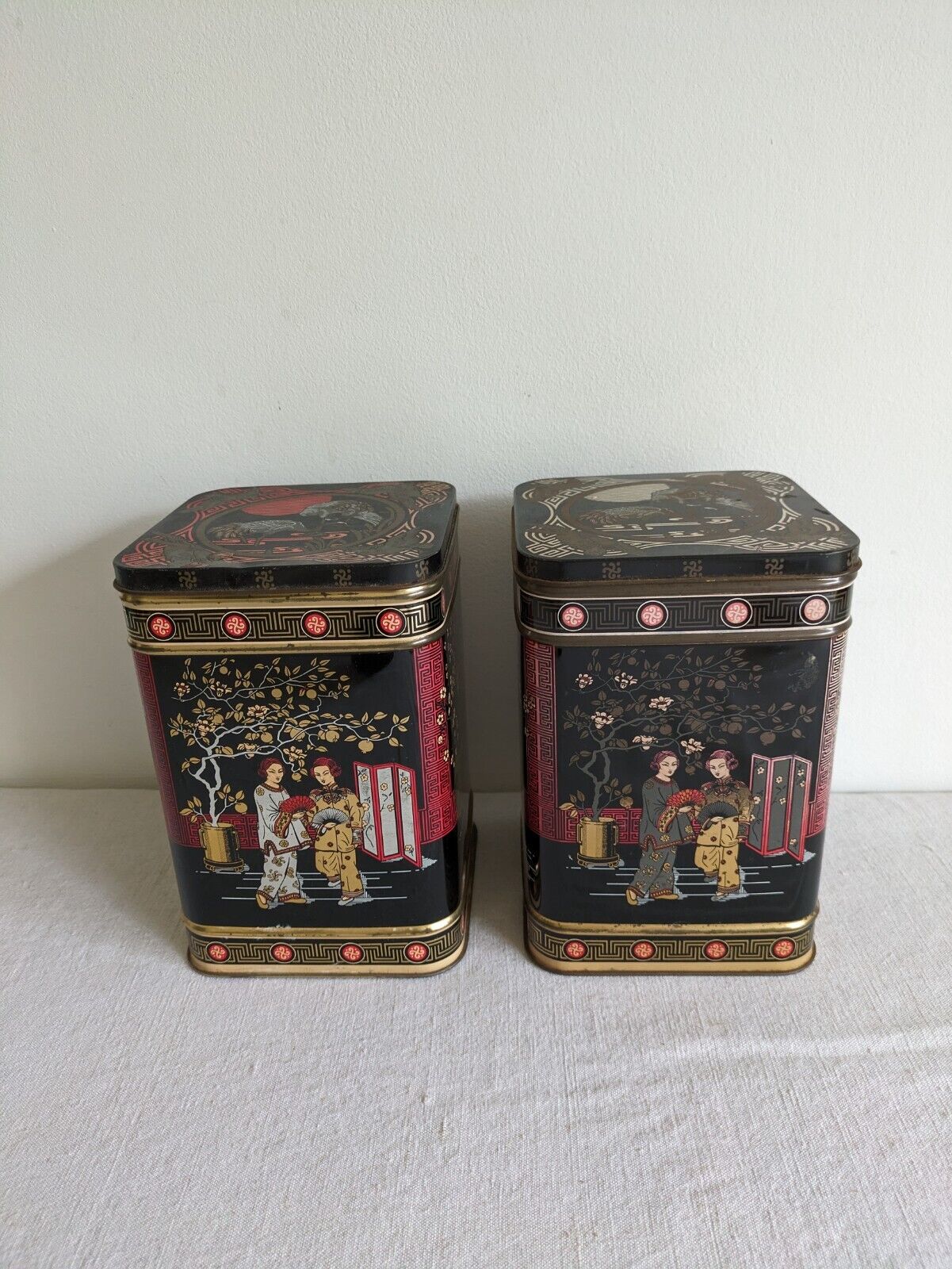 2x Original Vintage Japanese Black TEA Two Pound Tin Metal Made In England Large