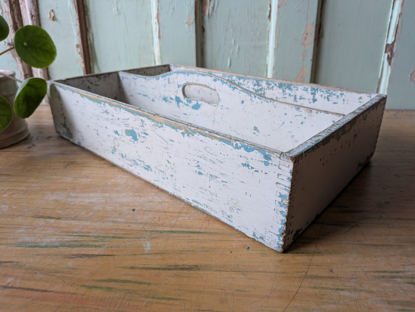 Vtg Distressed Paint Antique Wooden Cutlery Tray Box Kitchen Trug Sectional Prop