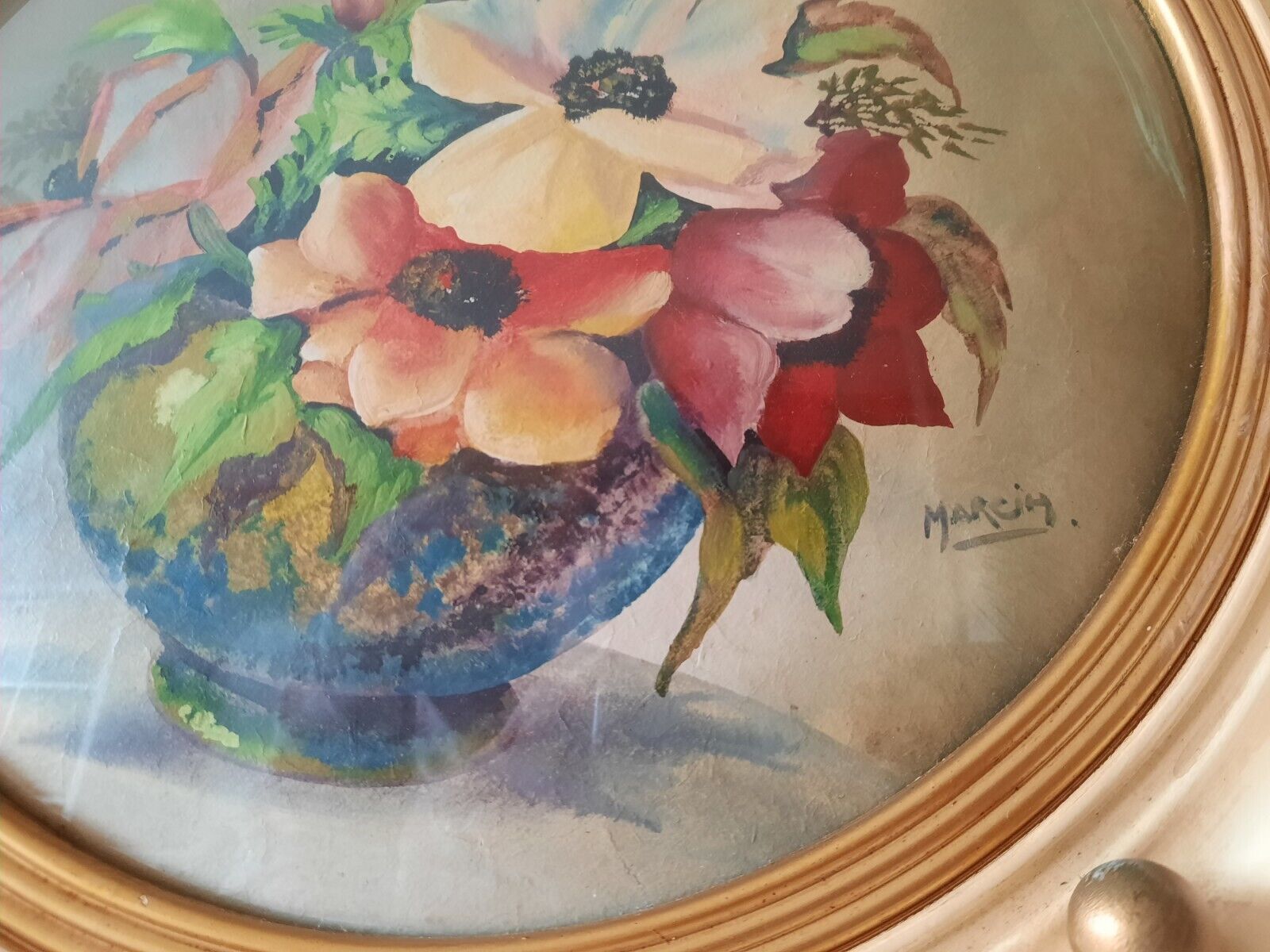 Vintage Retro Framed floral Painting gilt ball cream frame roses convex glass!