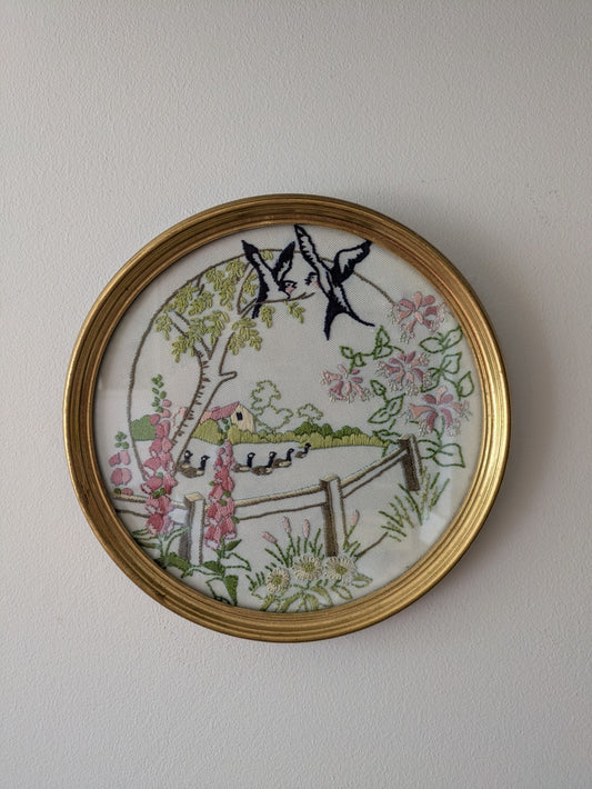 Vintage Geese Birds Embroidery Needle Stitch Glass Gold Tone Round Framed Vgc