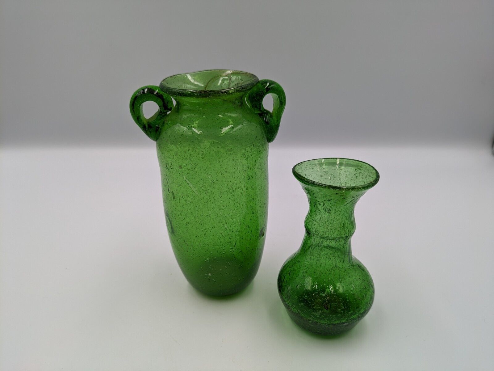 2x Vintage Emerald Green Bubble Glass Miniature Windowsill Vases Hand blown Rare