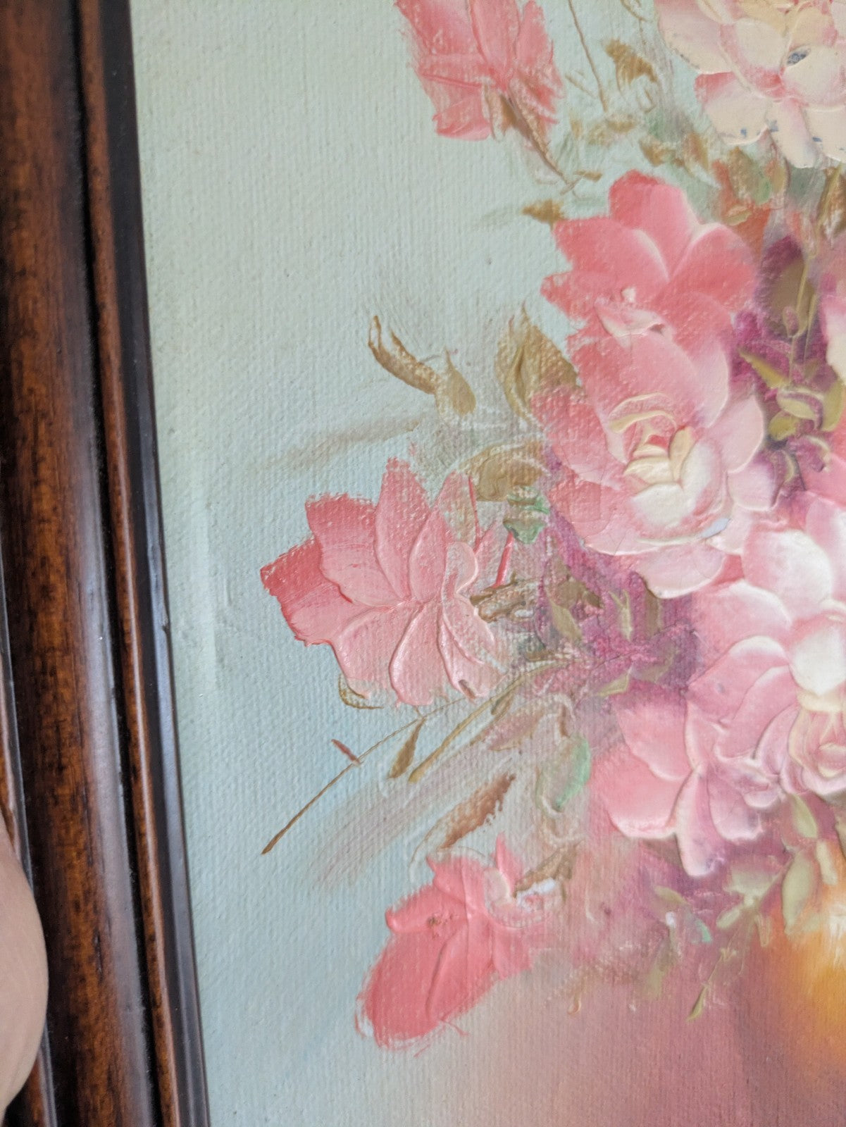 Vintage Framed Floral Oil Paintng Signed Robert Cox Pink Rose Canvas Frame Wood