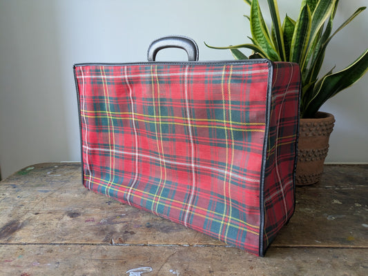 Vintage Retro Red Plaid Tartan Foldable Travel Bag Luggage Collapsible Prop Vgc