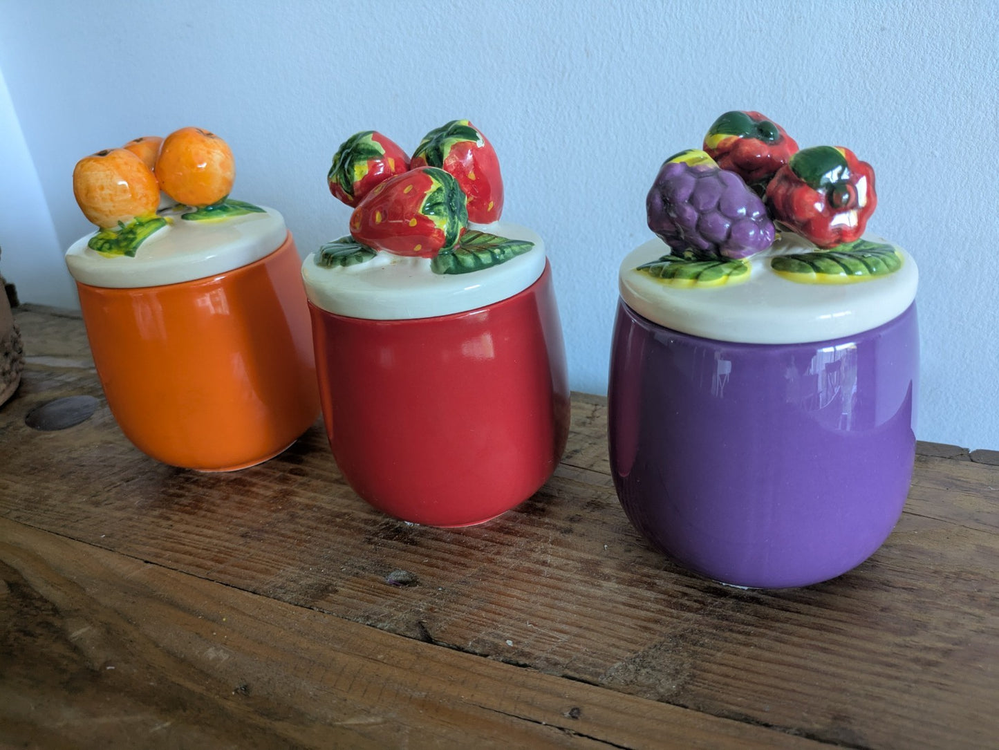 3x Vintage Preserve Jars Strawberry Orange Blackberry Shaped Lids 1980s Jam Jars