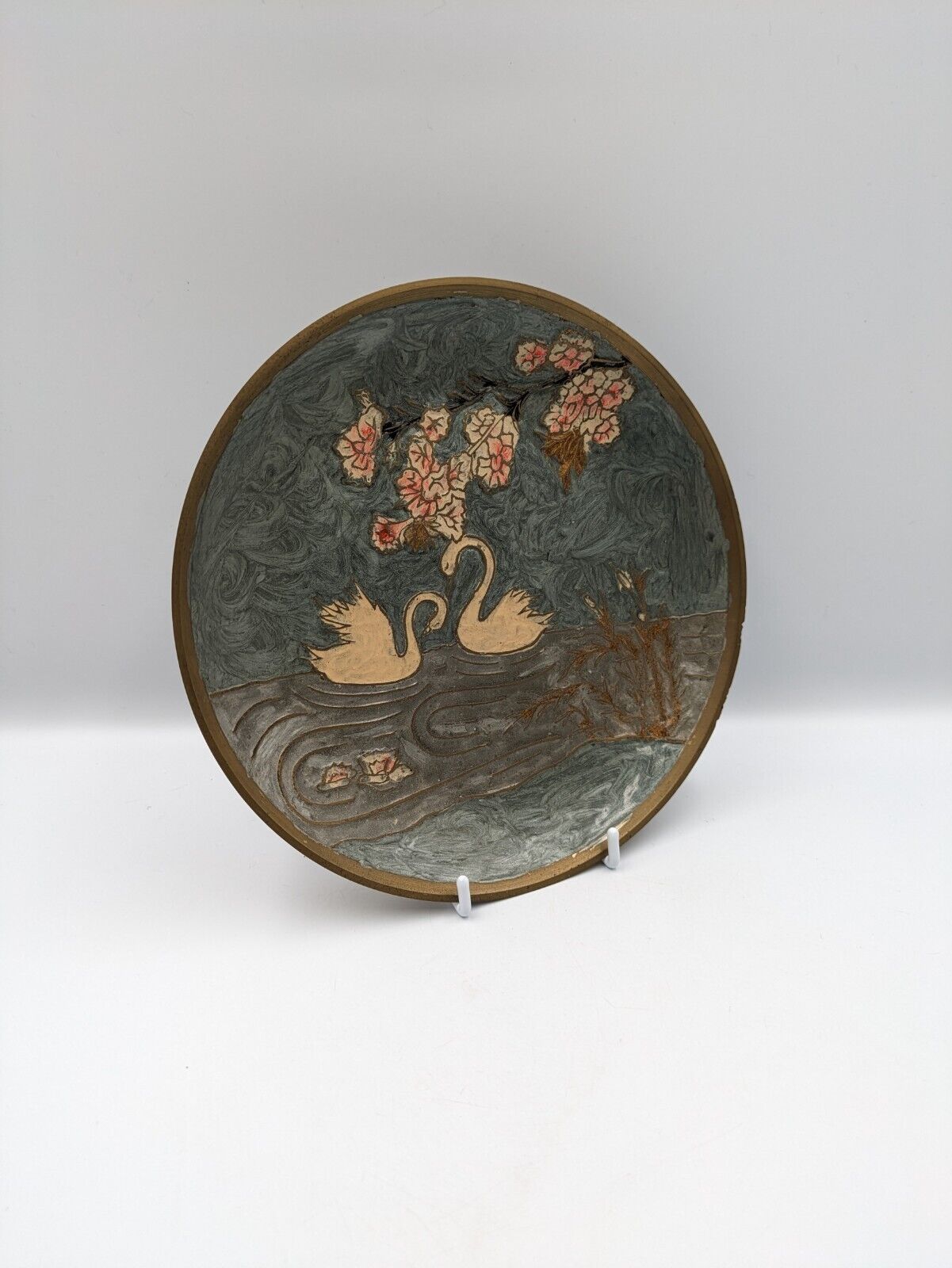 vintage swan enamel plate India dish wall hanging cloisonne Brass Blossom Pond