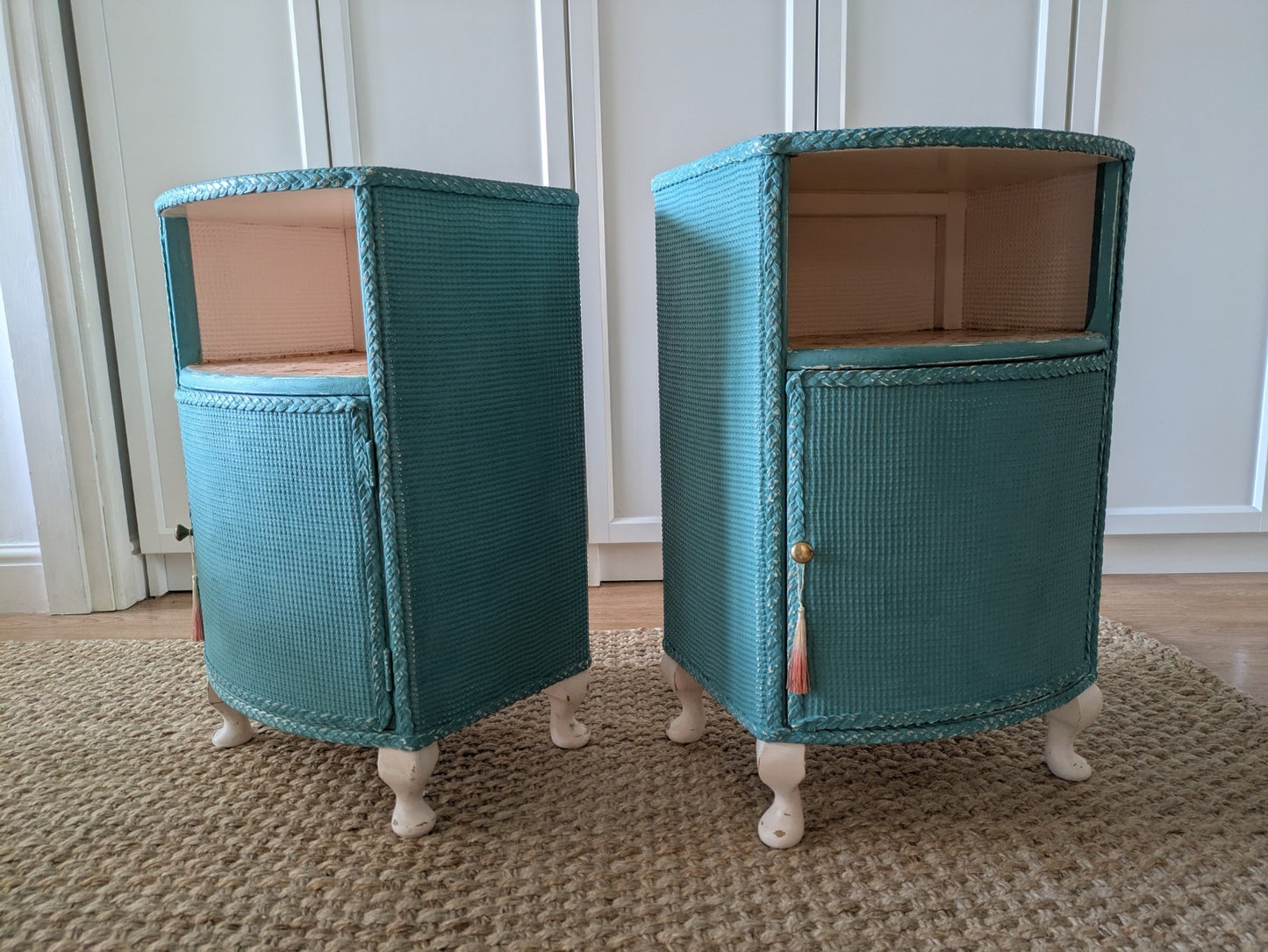 2x Vintage Lloyd Loom Bedside Table Bedside Drawers Cabinets Pair Painted French