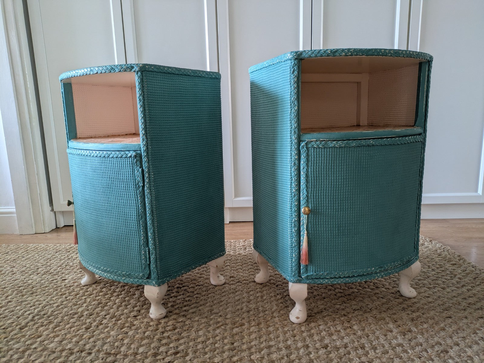 2x Vintage Lloyd Loom Bedside Table Bedside Drawers Cabinets Pair Painted French