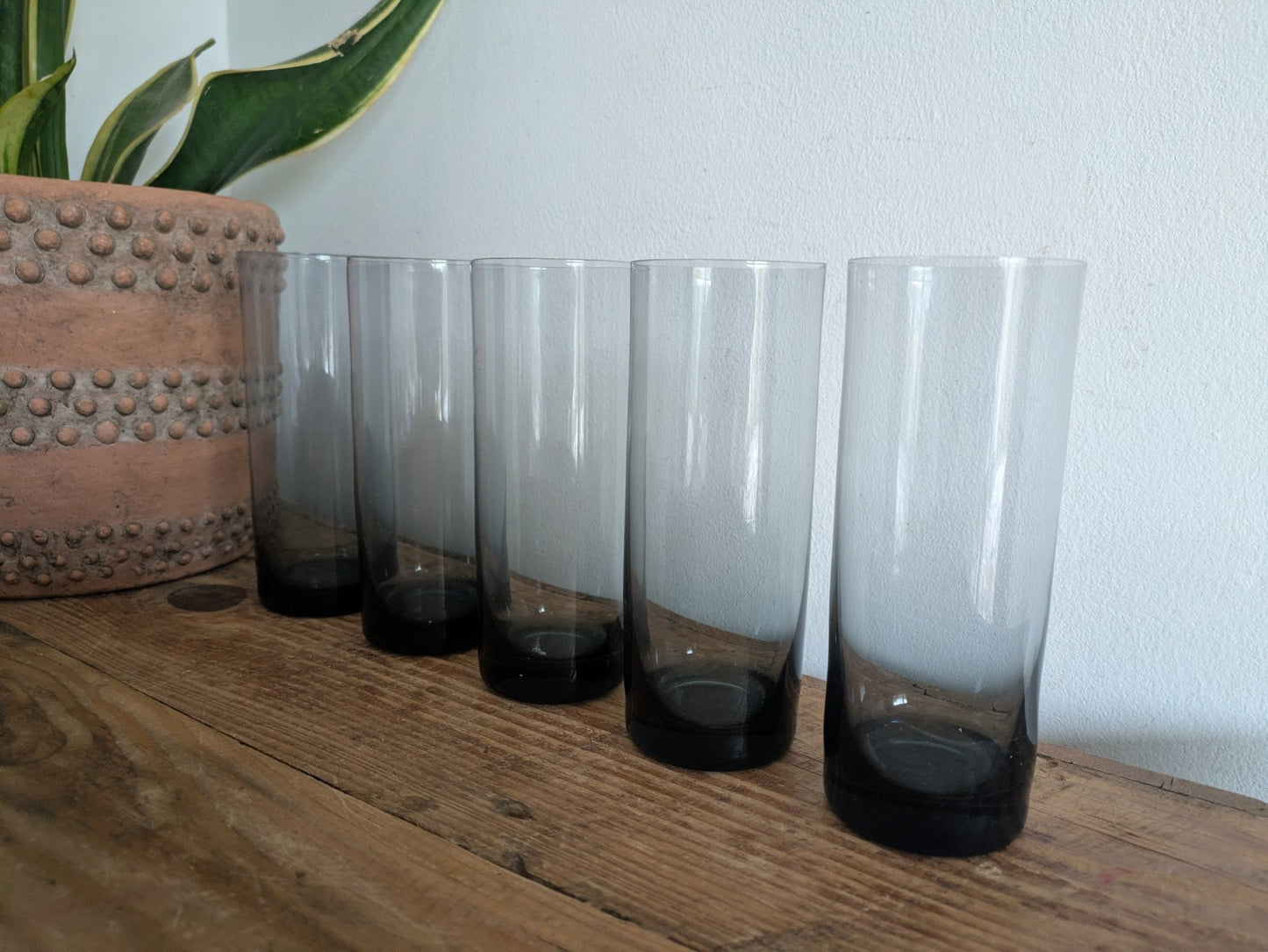 Vintage Smoked Glass Tumblers Set of 5 Mid-Century - Tall Drinking Glasses MCM 