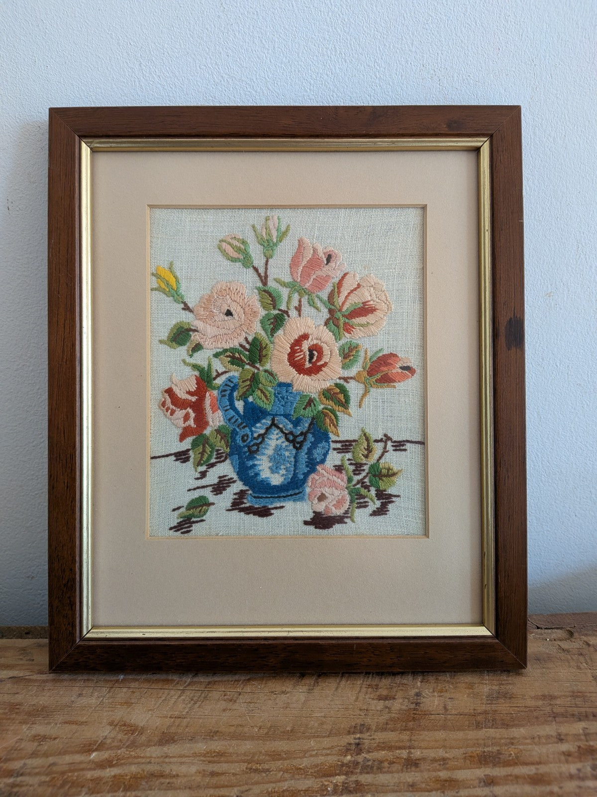 Vintage Pink Rose Bouquet Needlepoint Embroidery Floral Art Handmade Framed Vase
