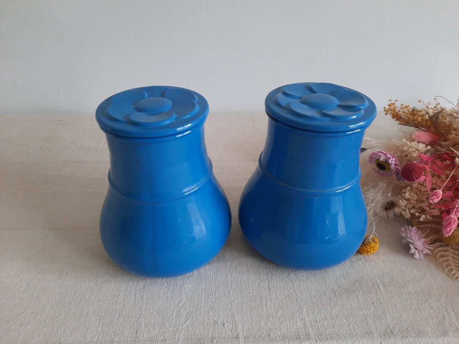 2 70s FRANCE KITCHEN JARS GLASS VERRERIE DU GIER SUNFLOWER DAISY FLOWER BLUE PAI