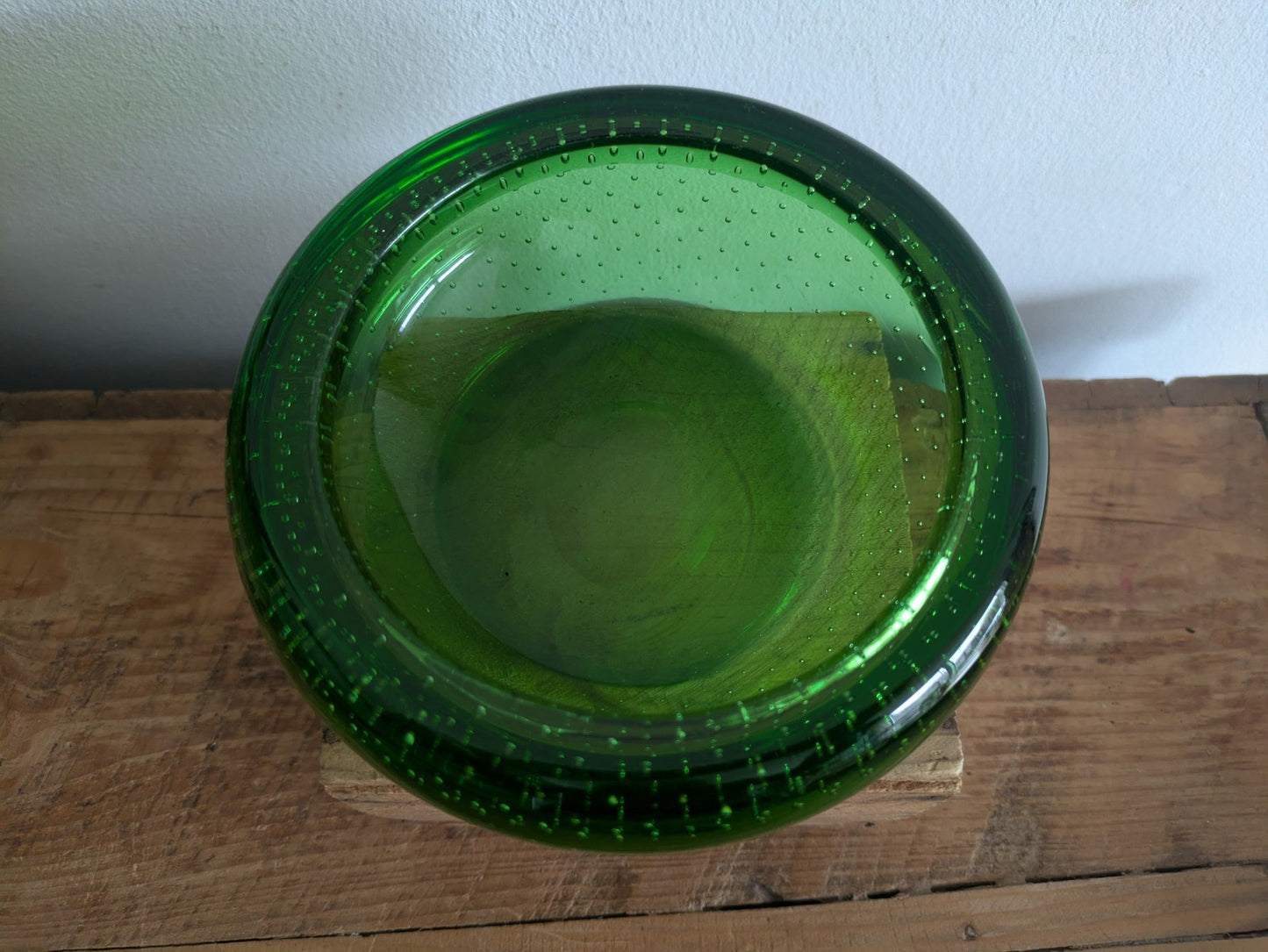 L Mid-Century Whitefriars Green Controlled Bubble Glass Ashtray/Bowl VTG Retro