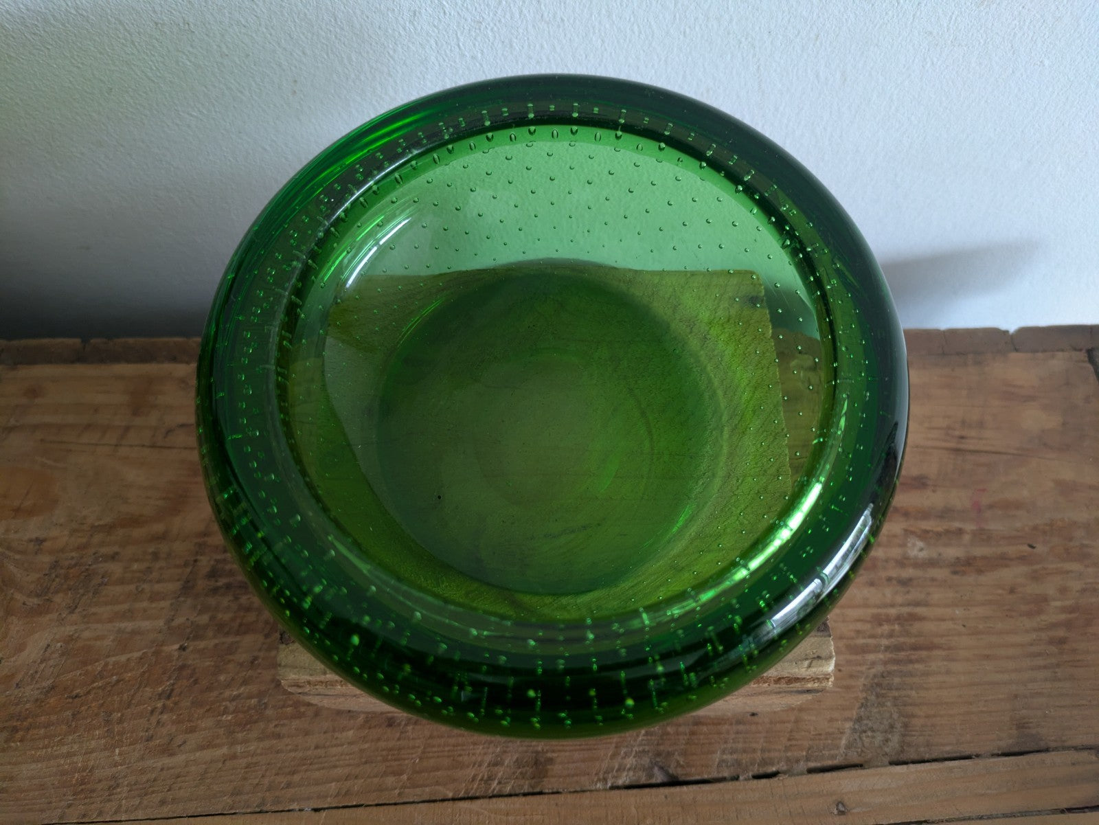 L Mid-Century Whitefriars Green Controlled Bubble Glass Ashtray/Bowl VTG Retro