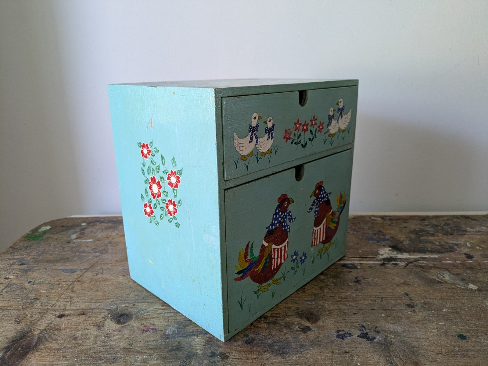 Folk Art Chicken CHEST of DRAWERS BOX KITCHEN Storage Wood Jewellery Vtg Floral