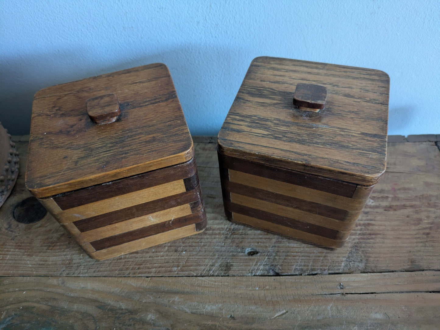 Pair Vtg Wood Two-tone Striped Kitchen Canister Caddy 1960's Mid Century Retro 