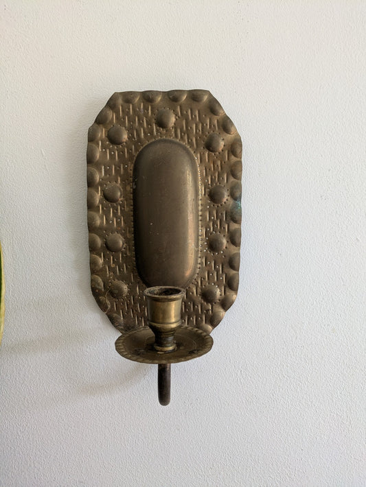 Superb Single Vintage Swedish Repoussé Brass Candle Wall Sconce Holder Hammered