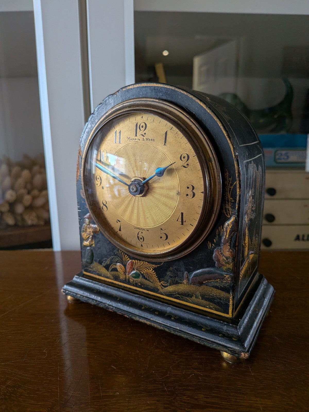 Vintage Antique Mappin And Webb Chinoiserie Chinese Black Lacquered Mantle Clock