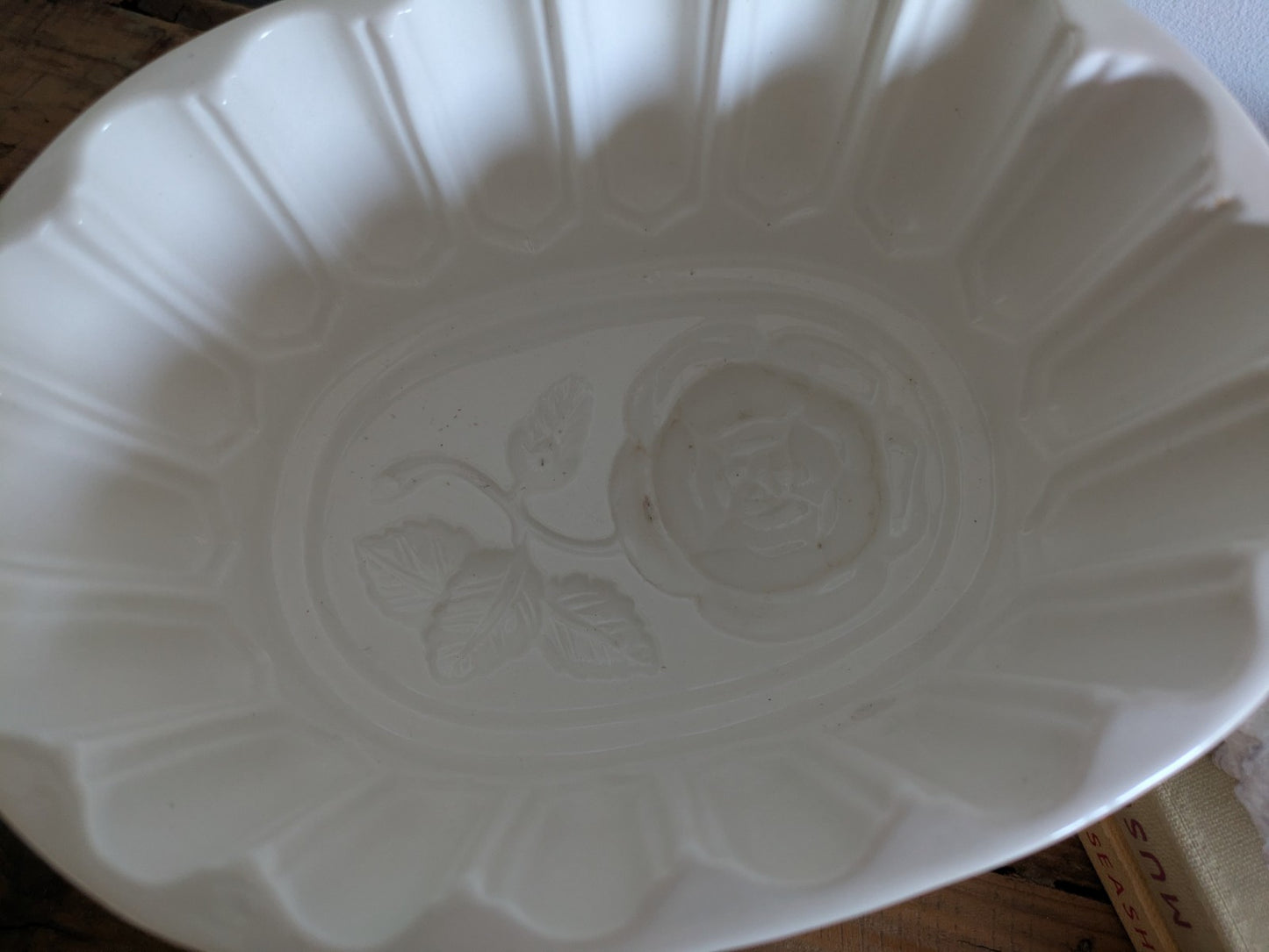 XL Antique White Jelly Mould Oval Ironstone with Rose Motif Victorian Impressed