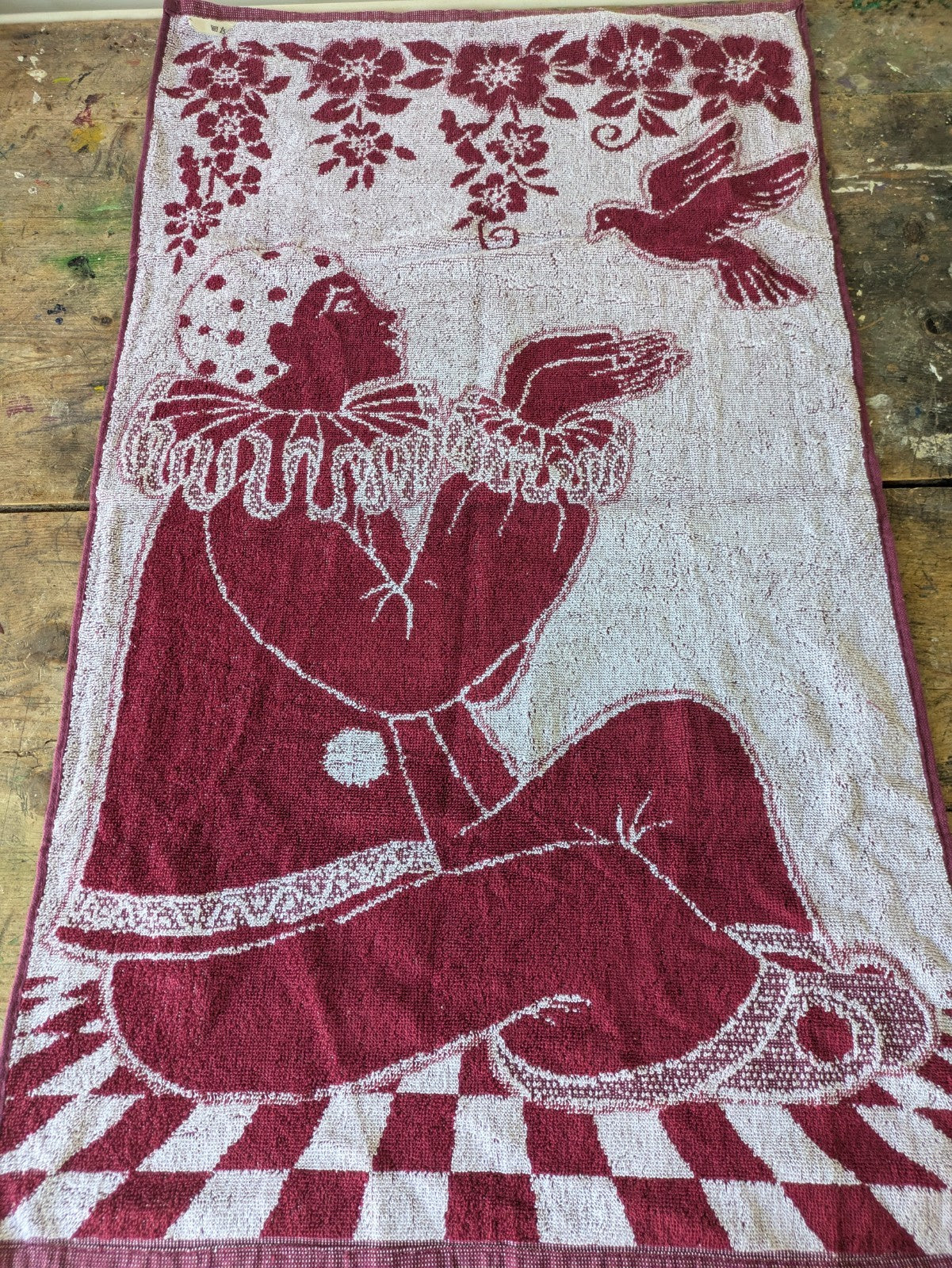 Vintage Pierrot Bath Towel Burgundy And White Retro Clown Towel NWOT Kitsch Prop