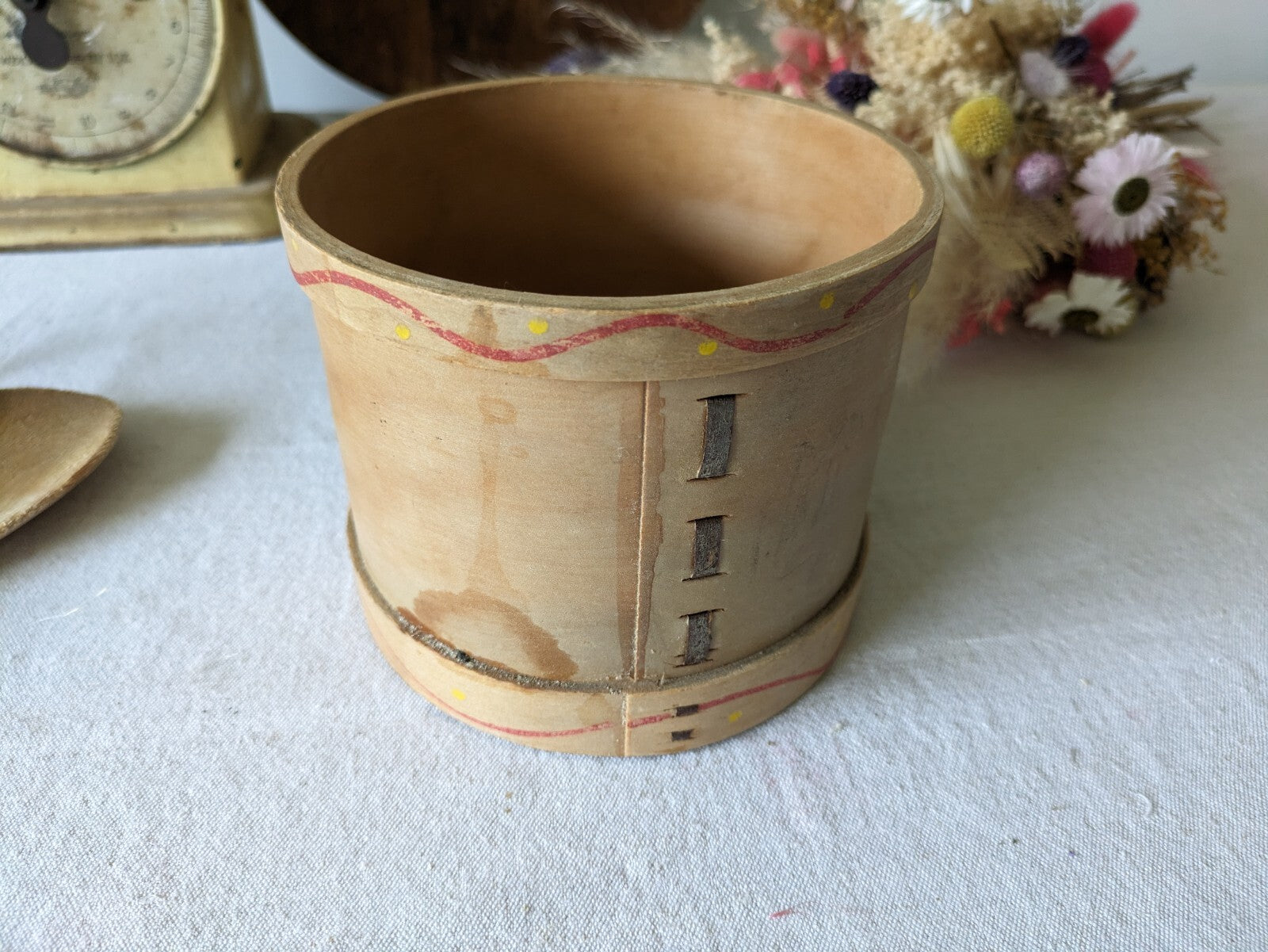 Vtg Canister Set Fruit Wood Rustic Farm House Utensil Decor Bentwood Rare Pots