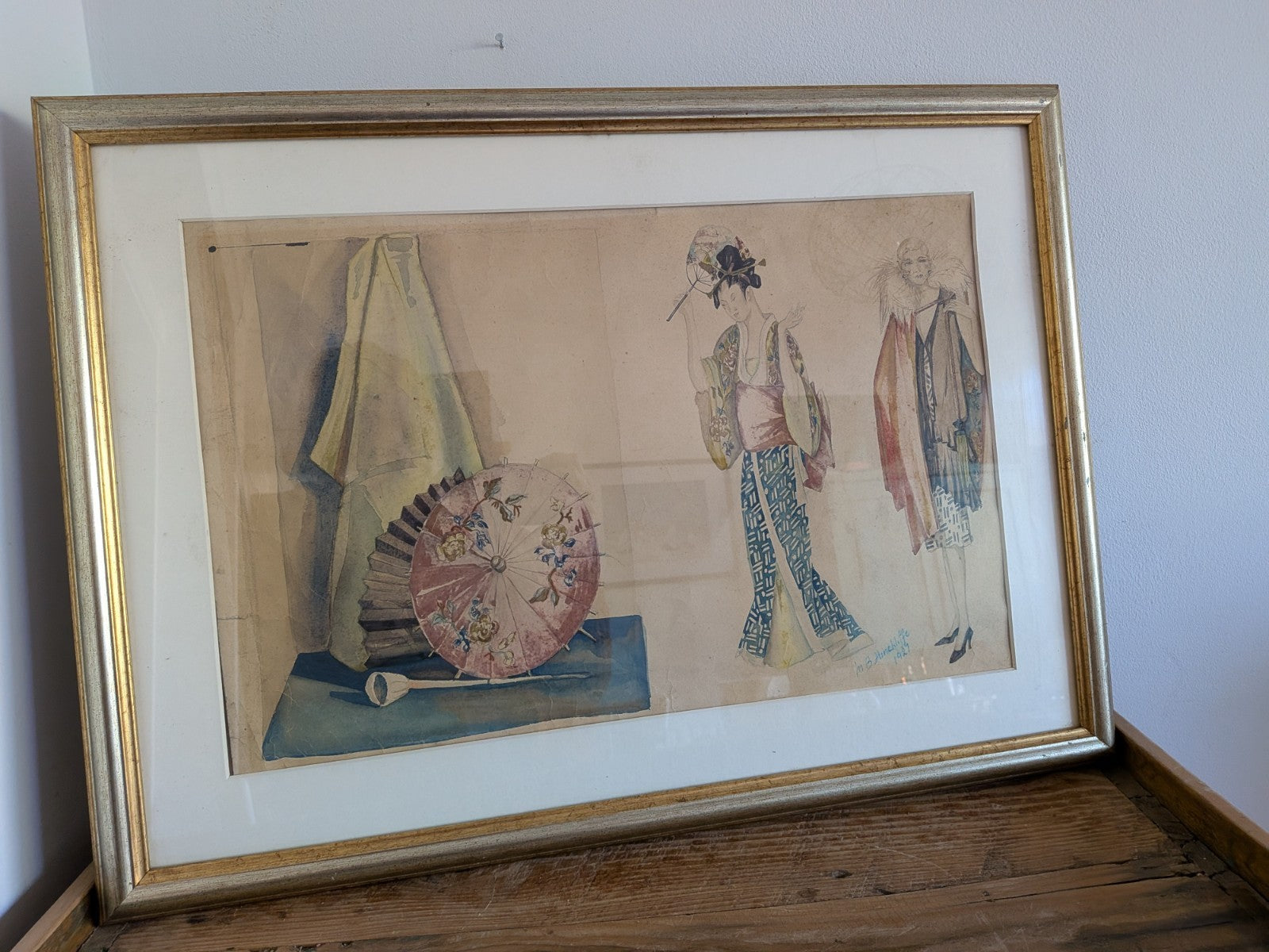 Original Fashion Design Drawing Painting 1920's Signed Hinchliffe Oriental Asian