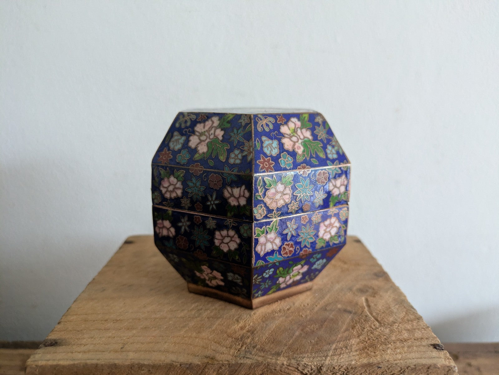 Superb Japanese Cloisonne Enamel Hexagon Shaped Box Blue Floral Vintage Pot Vgc
