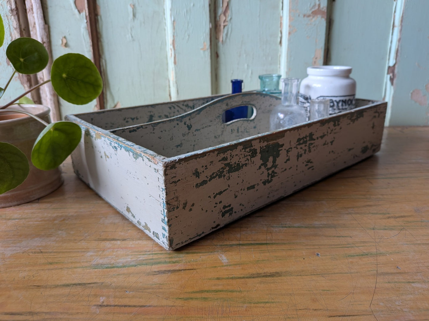 Vtg Distressed Paint Antique Wooden Cutlery Tray Box Kitchen Trug Sectional Prop