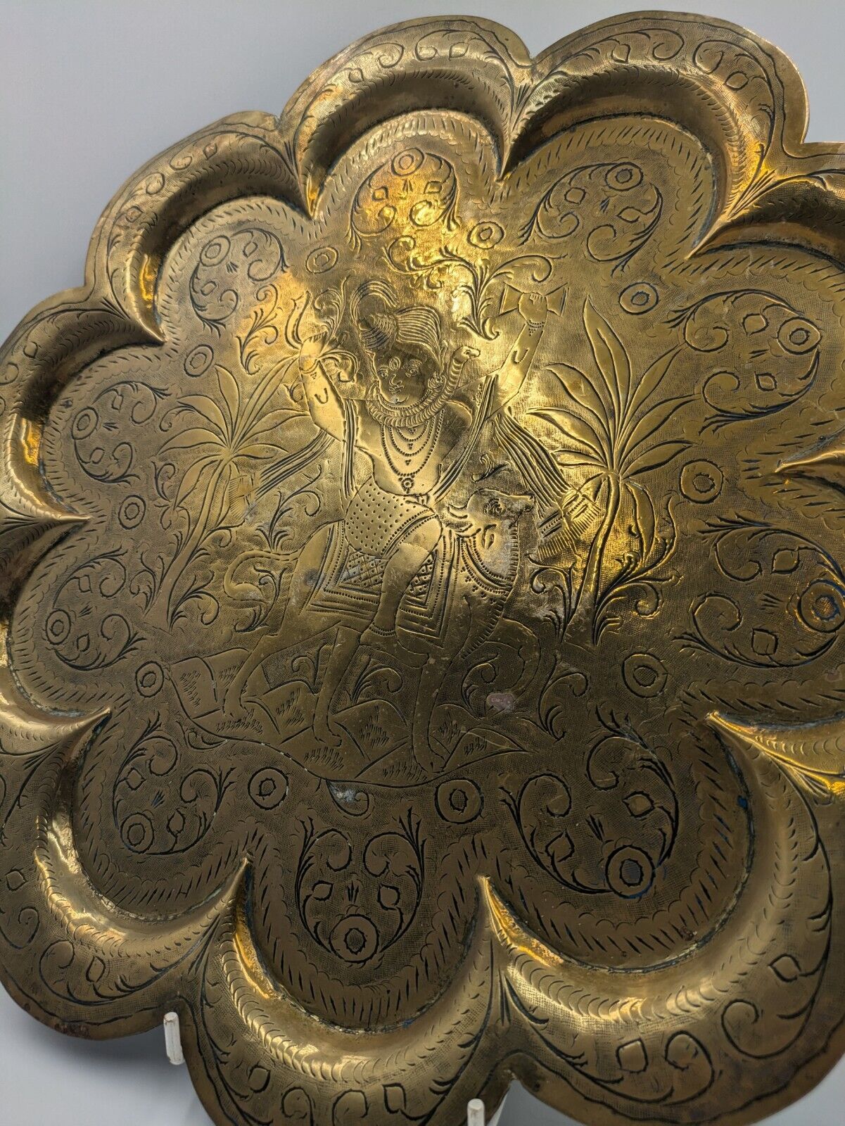 Antique Indian Hindu God Shiva Carved Plate Floral Carved Brass plate Tray Naga 