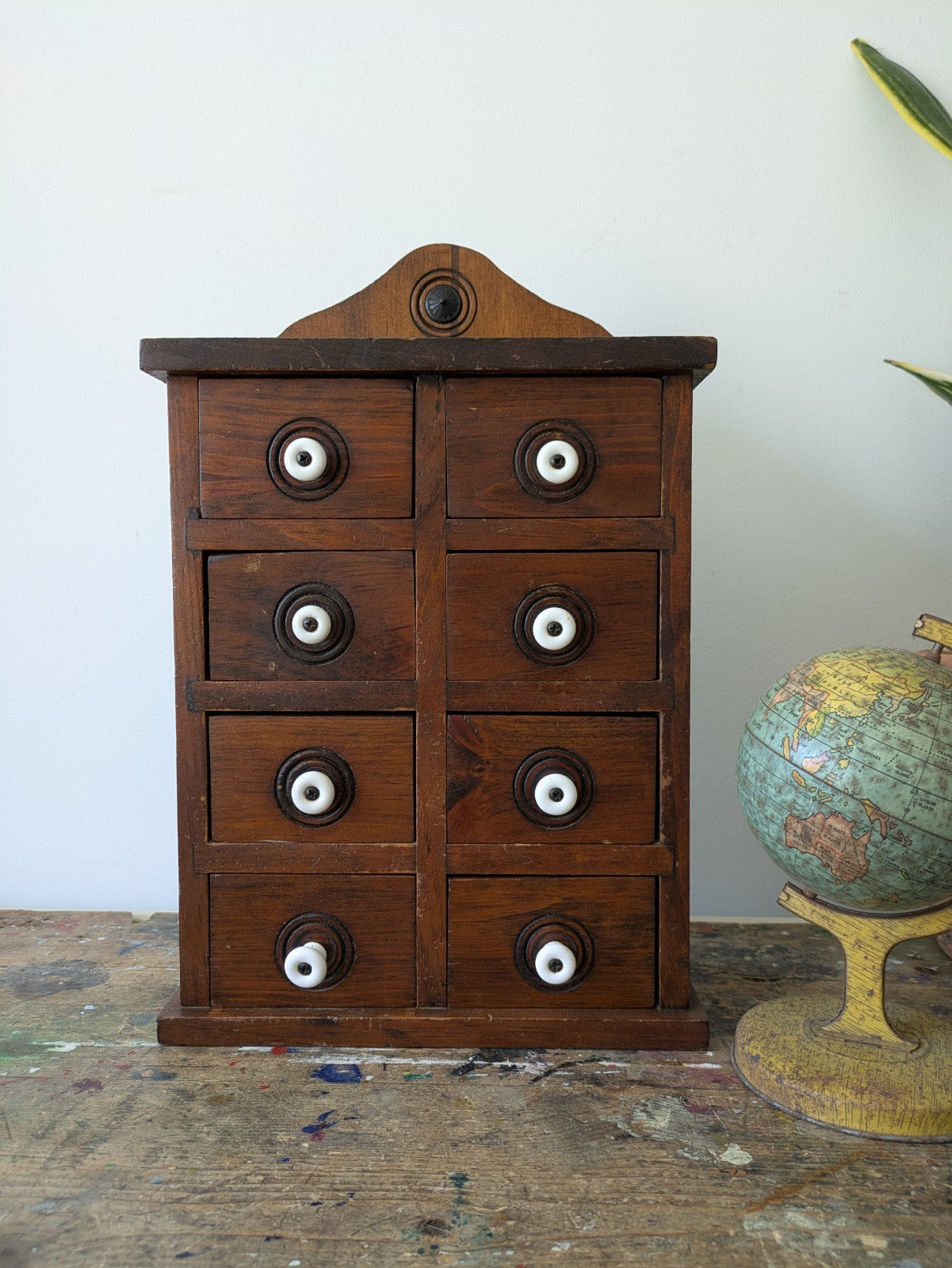 Antique Set of Eight Early 20th Century Wooden Spice Drawers Porcelain Knobs Vtg