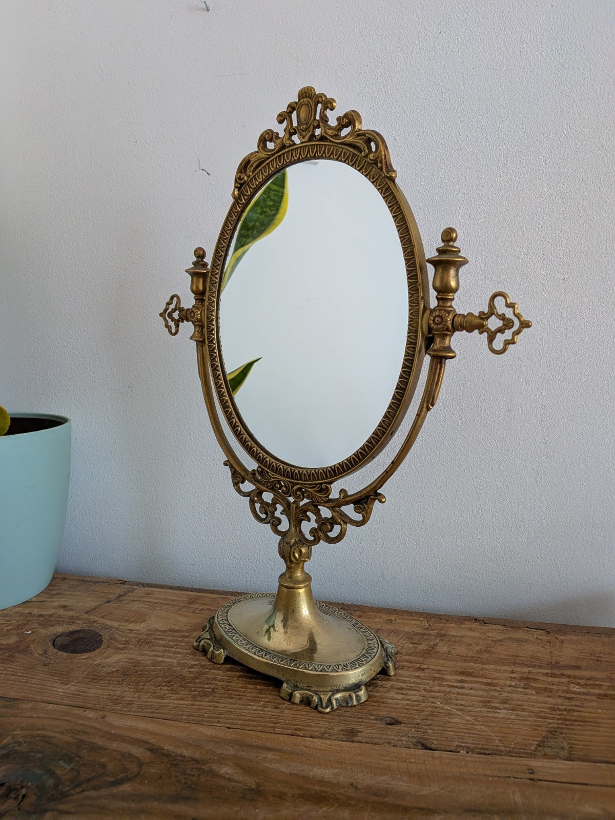Antique Vintage Oval Dressing Brass Metal Table Vanity Swing Mirror French Style
