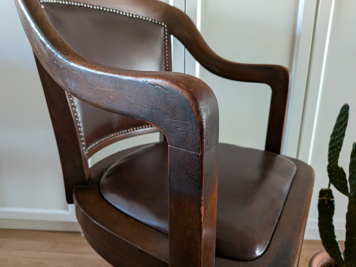 Swivel Office Desk Chair Oak Edwardian Antique Factory Captains Home Leather Vgc