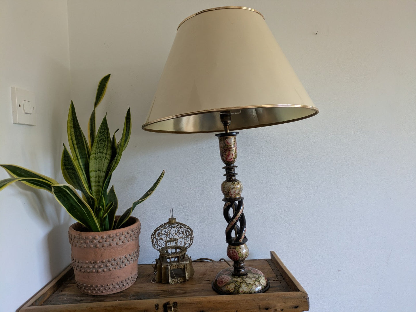 19th C Lamp Vintage Kashmiri Indian Lacquer Papier Mache Gilded Flower Cloisonne
