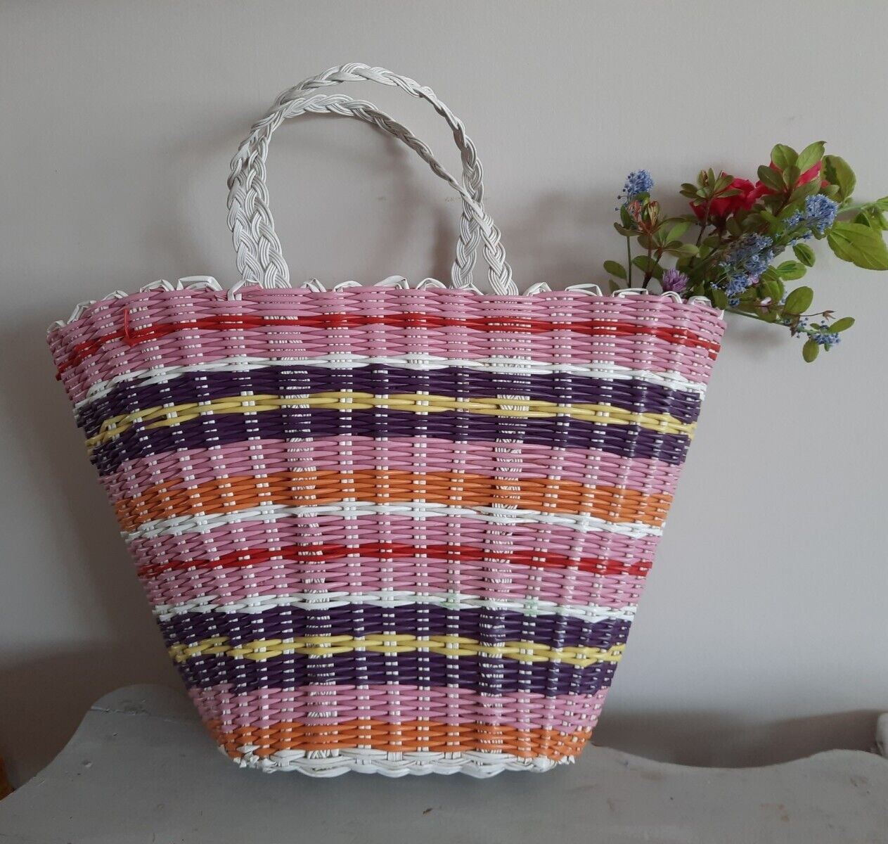 Vintage Woven retro large shopping basket flower handbag plastic bag pink stripe