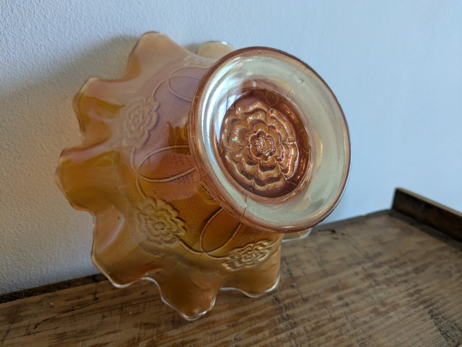Carnival Glass Bowl Dugan Double Stem Rose Marigold/Peach Opal Iridescent C1917