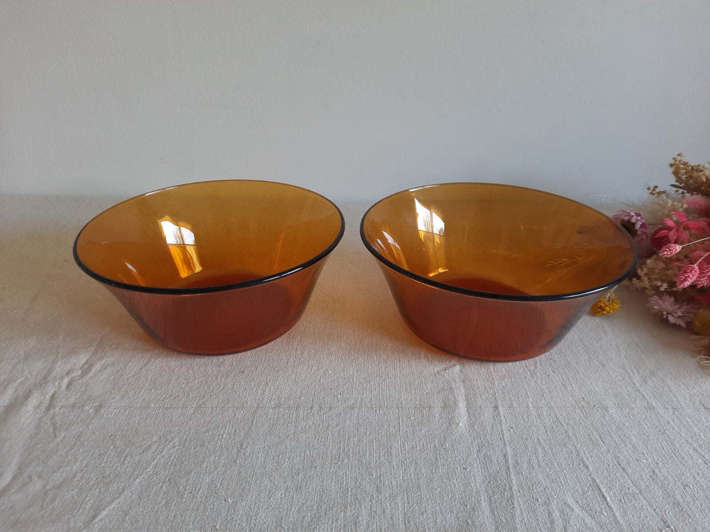 2x Amber Glass Serving Bowl Duralex France Vtg Mcm Mid Century Side Dish Deep