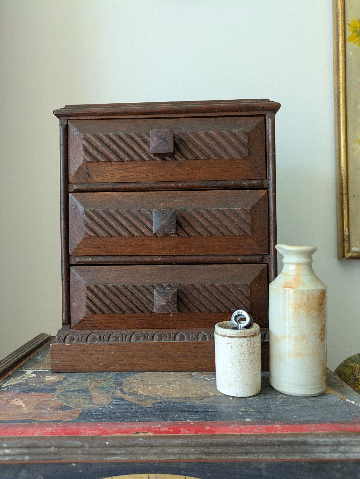Antique 19th Century Three Drawer Table Top Drawers Carved Apprentice Art Deco 