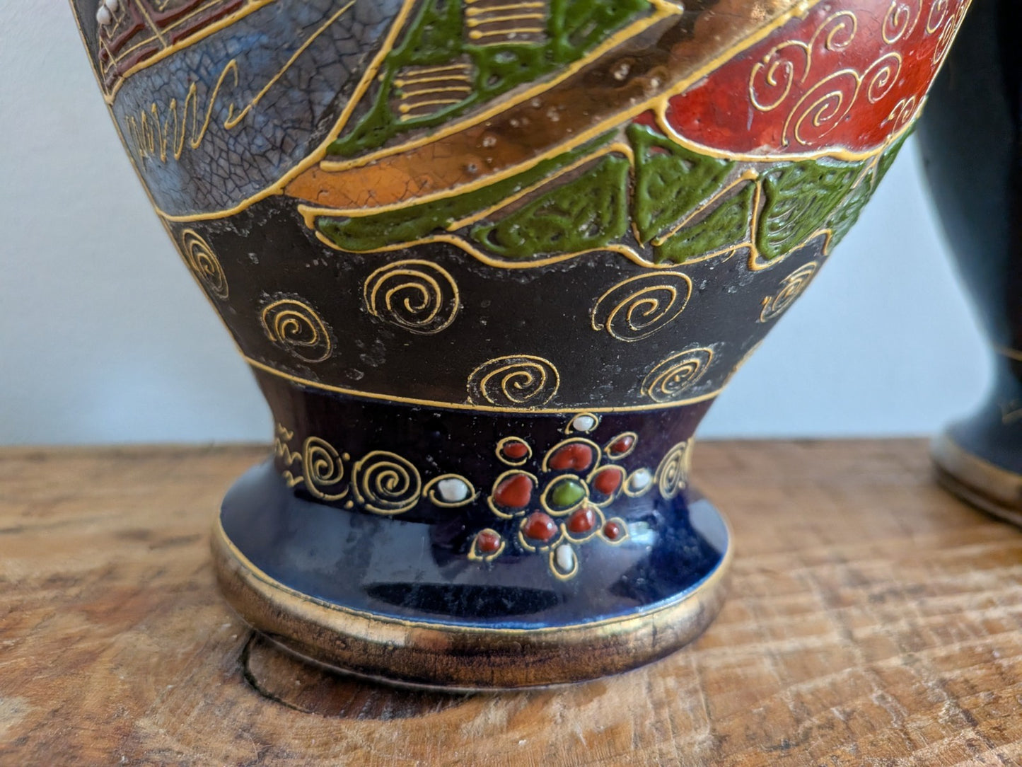 Pair Antique Early 1900s Satsuma Moriage Oriental Vase / Made in Japan Blue Vgc