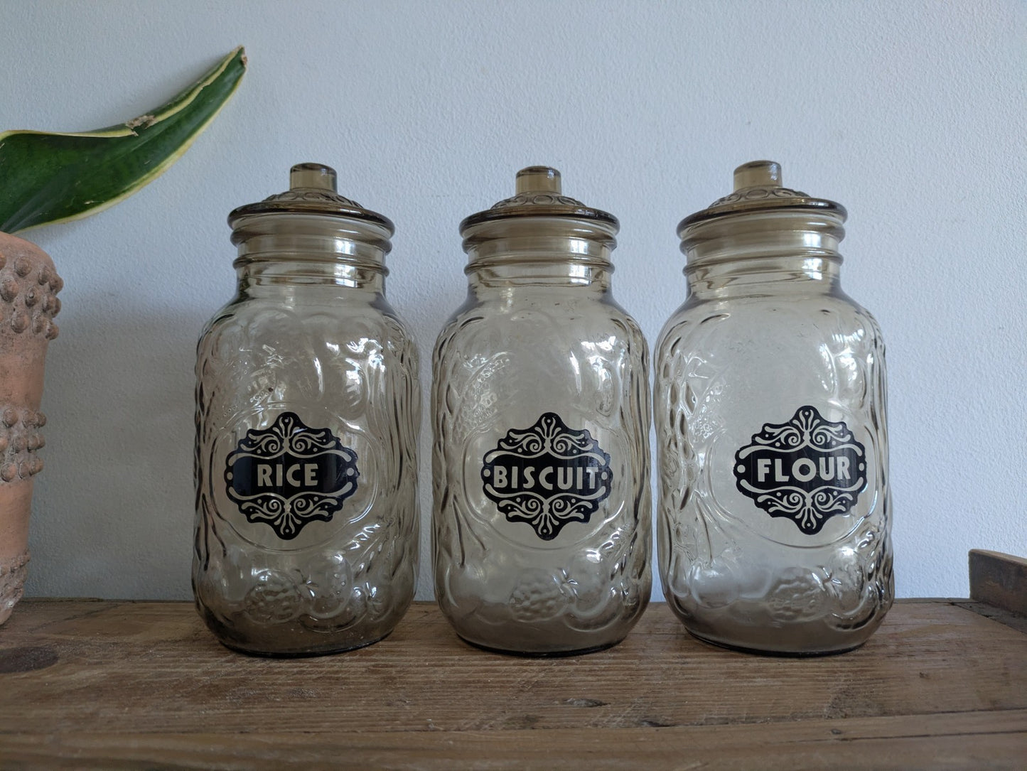 Trio of Vintage Italy Glass Jars Fruit Pattern Smoked Stick On Labels Cannister