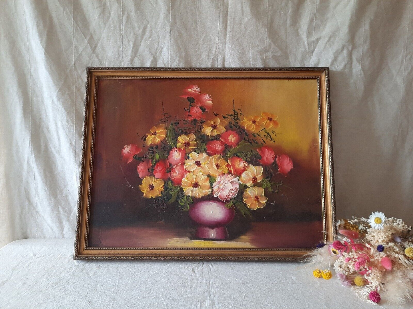Large Original Vintage Antique Still Life Of Roses Oil On Canvas Painting Gilt