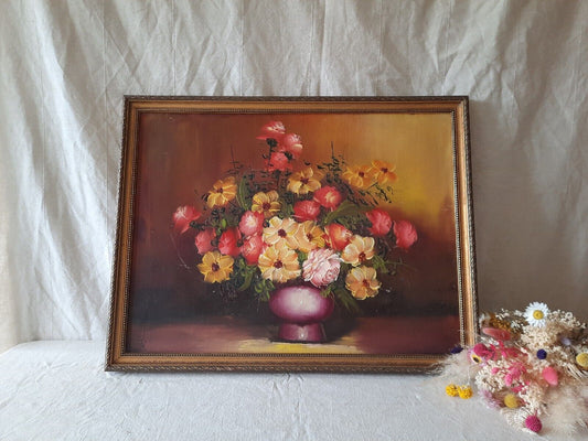 Large Original Vintage Antique Still Life Of Roses Oil On Canvas Painting Gilt