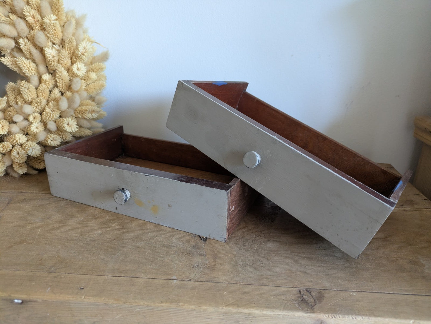 2x Vintage Wooden Engineering Boxes Drawers Apothecary Craft Display Tray Antiqu