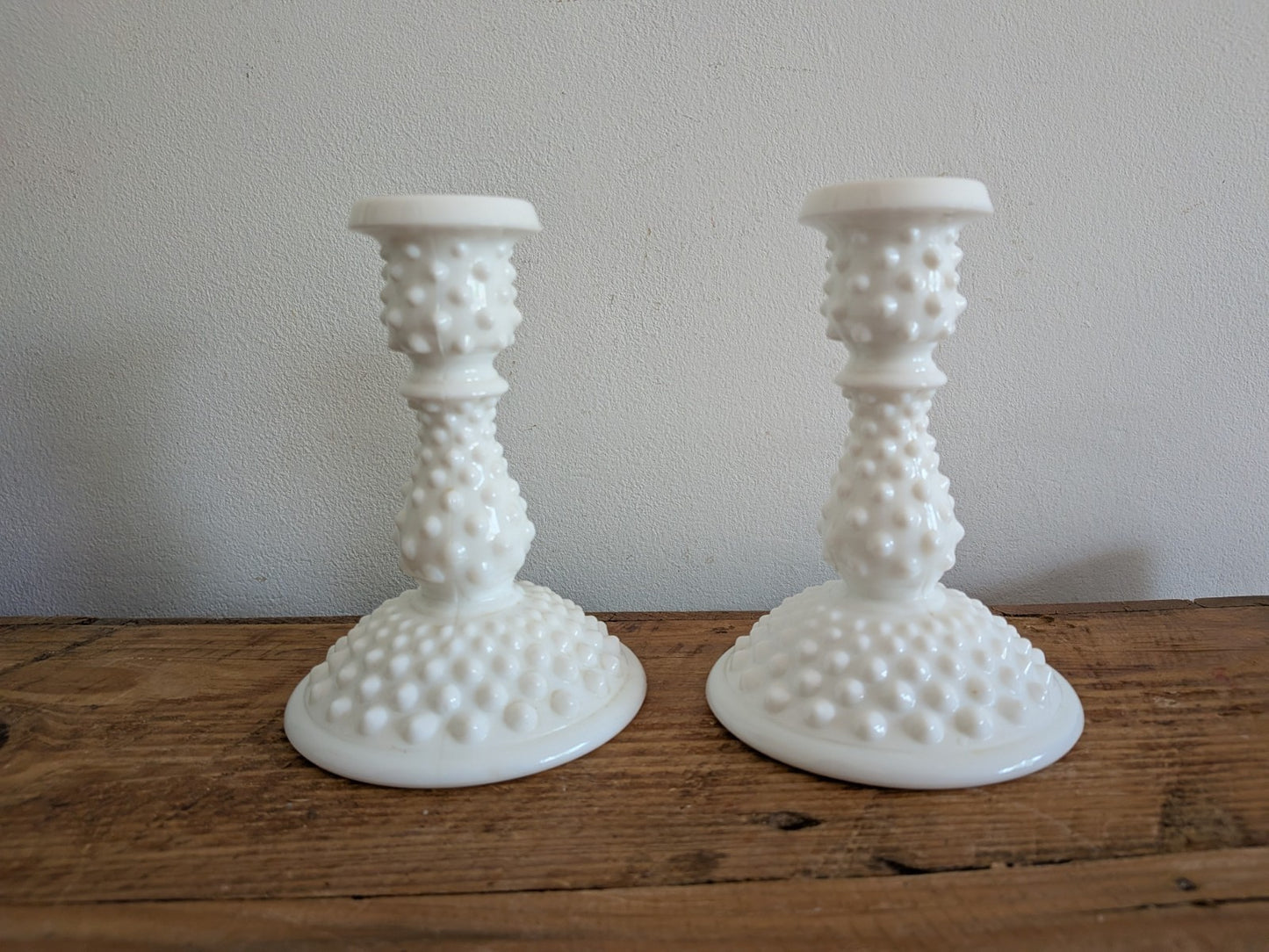 Vintage Fenton White Hobnail Milk Glass Pair Candlestick Holders 14.5cm H Vgc 