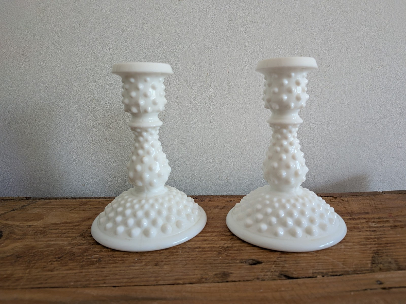 Vintage Fenton White Hobnail Milk Glass Pair Candlestick Holders 14.5cm H Vgc 
