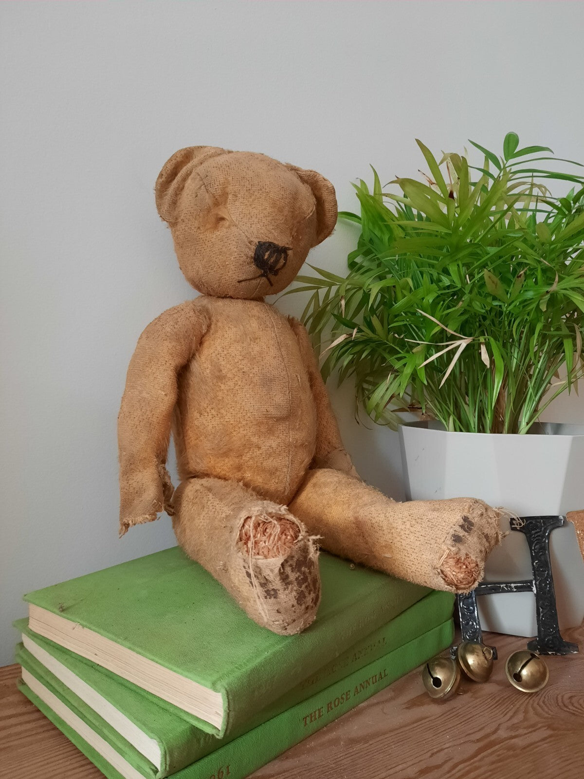 Antique Jointed Old Mohair Teddy Bear straw stuffed vintage RARE worn toy play